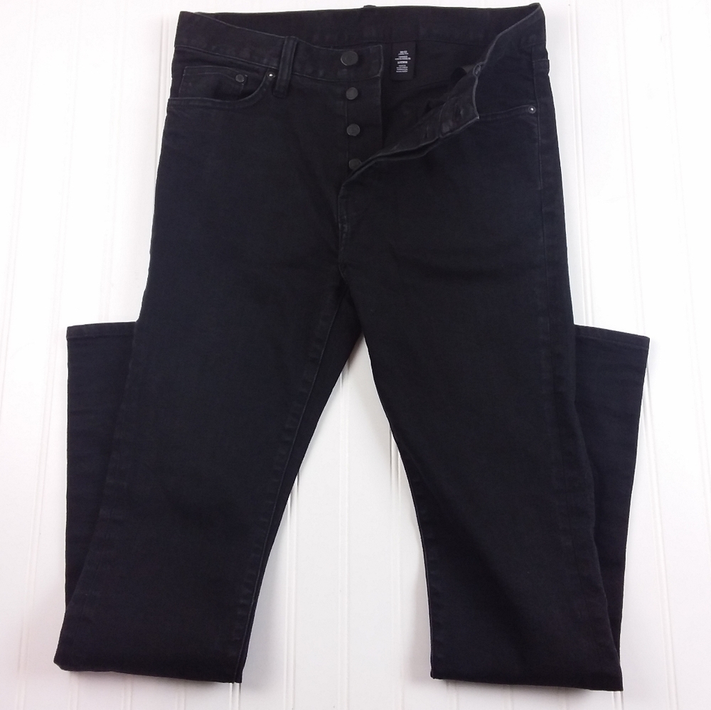 H&M &Denim Jeans Tapered Leg Button Fly Mid-Rise Black Denim Cotton Blend